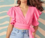 Fall Women  Clothing V neck Pink Texture Lace up Shirt