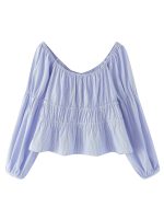 Spring Women  Striped Pullover V neck Lace up Long Sleeve Loose Top