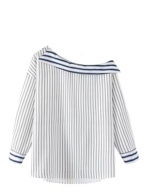 Autumn Clothing Elegant Striped Halter Personality Exposed Shoulder Design Long Sleeve Shirt Women