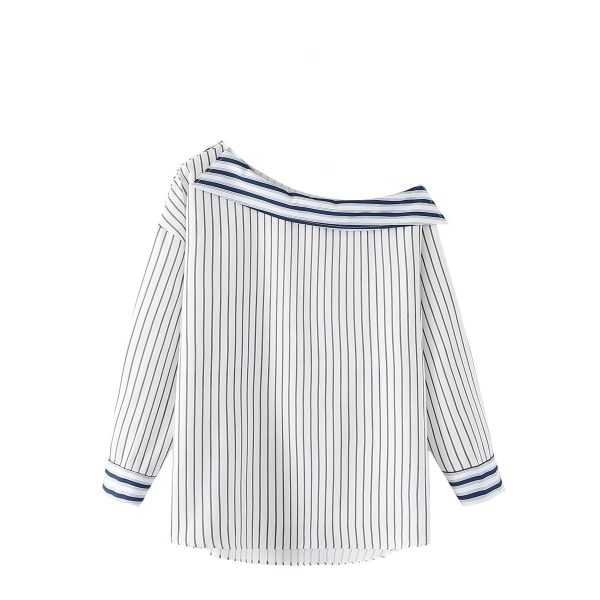 Autumn Clothing Elegant Striped Halter Personality Exposed Shoulder Design Long Sleeve Shirt Women