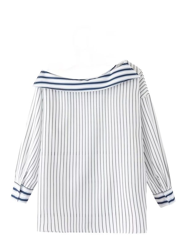 Autumn Clothing Elegant Striped Halter Personality Exposed Shoulder Design Long Sleeve Shirt Women