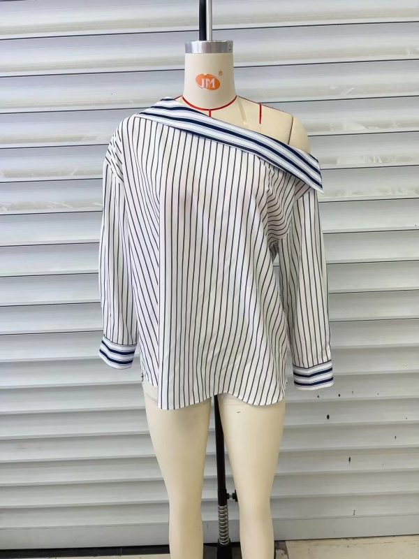 Autumn Clothing Elegant Striped Halter Personality Exposed Shoulder Design Long Sleeve Shirt Women