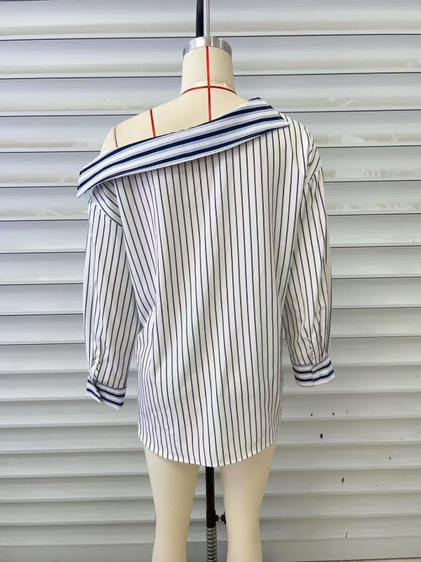 Autumn Clothing Elegant Striped Halter Personality Exposed Shoulder Design Long Sleeve Shirt Women