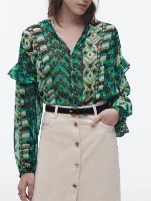 Printed Pullover Green Women  Clothing Early Spring Horizontal Crepe Silk Floral Printed French Frill Shirt with Ribbon