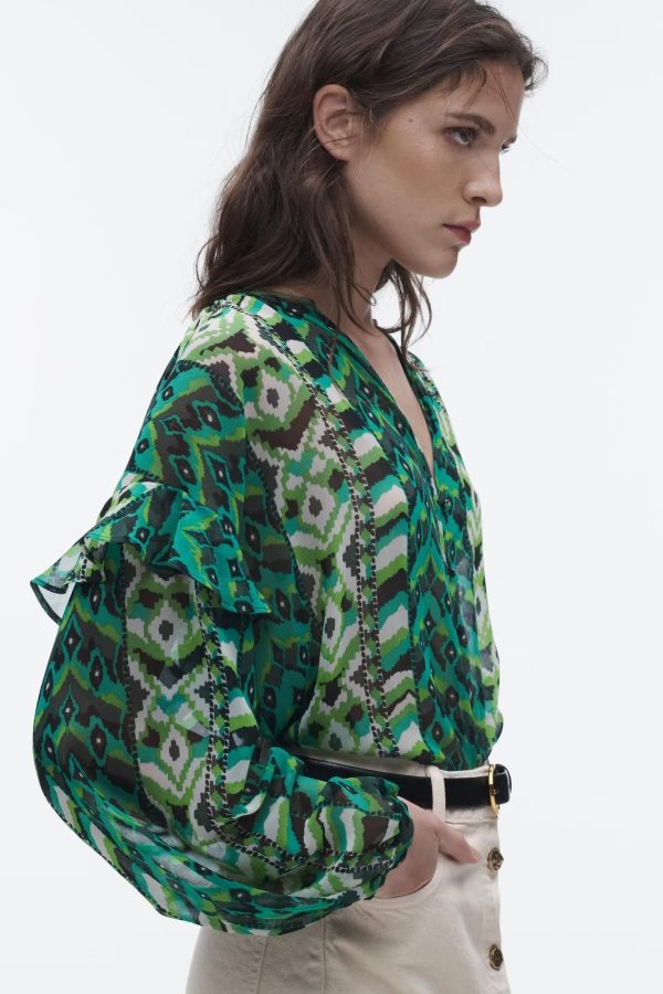 Printed Pullover Green Women  Clothing Early Spring Horizontal Crepe Silk Floral Printed French Frill Shirt with Ribbon