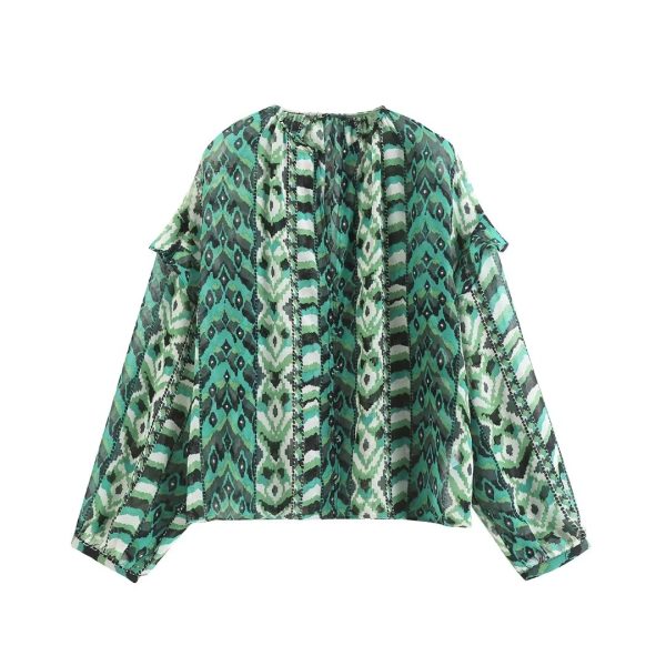 Printed Pullover Green Women  Clothing Early Spring Horizontal Crepe Silk Floral Printed French Frill Shirt with Ribbon