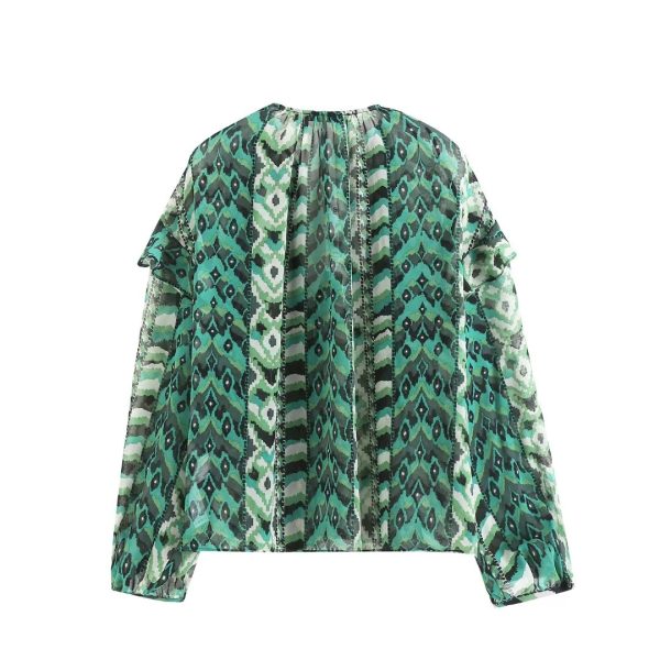 Printed Pullover Green Women  Clothing Early Spring Horizontal Crepe Silk Floral Printed French Frill Shirt with Ribbon