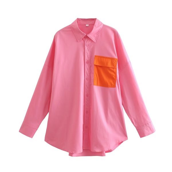 Contrast Color Pocket Long Collared Shirt Women Spring Autumn Casual Single Breasted Shirt