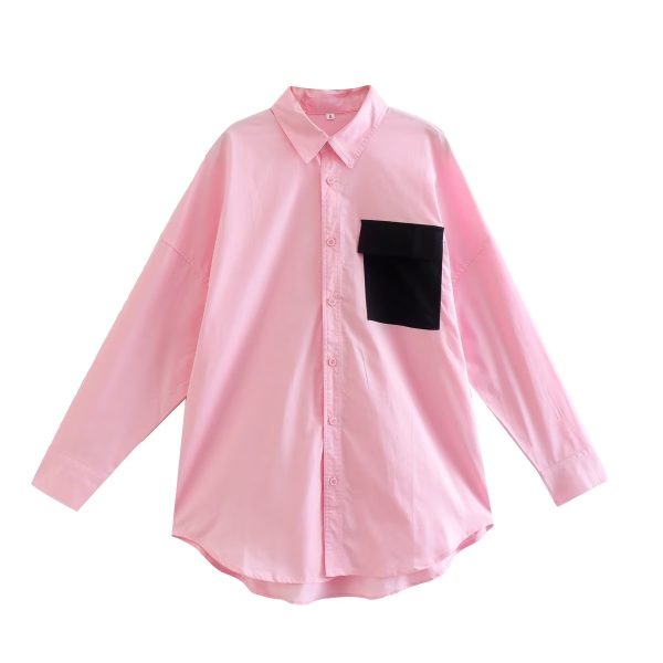 Contrast Color Pocket Long Collared Shirt Women Spring Autumn Casual Single Breasted Shirt