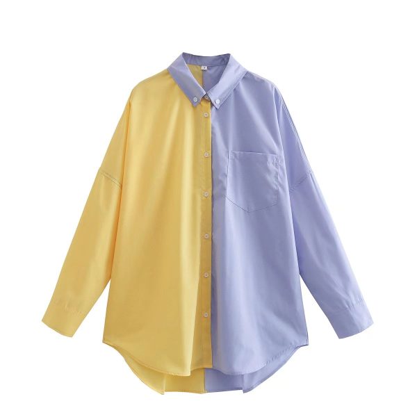 Spring  Contrast Color Shirt Single Breasted Long Shirt