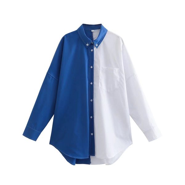 Spring  Contrast Color Shirt Single Breasted Long Shirt