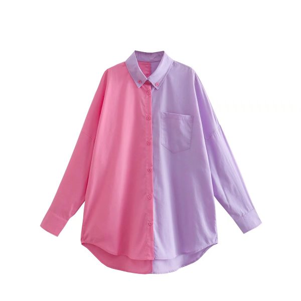 Spring  Contrast Color Shirt Single Breasted Long Shirt