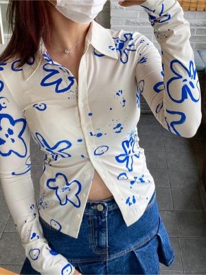 Autumn Collared Print Cardigan Button Casual Women  Shirt Top