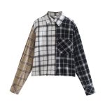 Spring Color Contrast Check Shirt Collared Single Breasted Top