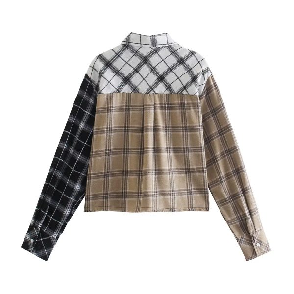 Spring Color Contrast Check Shirt Collared Single Breasted Top