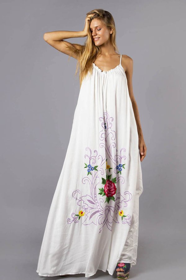 Women  Summer Loose Vacation Elegant Flower Embroidered Sling Dress