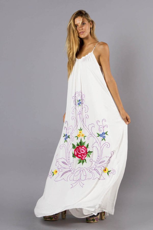 Women  Summer Loose Vacation Elegant Flower Embroidered Sling Dress