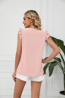 Spring Summer Lace Contrast Color V neck Short Sleeve Loose Chiffon Blouses Women