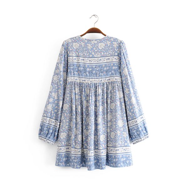 Spring Summer Rayon Long Positioning Printing Blue White Porcelain Dress Women Printed