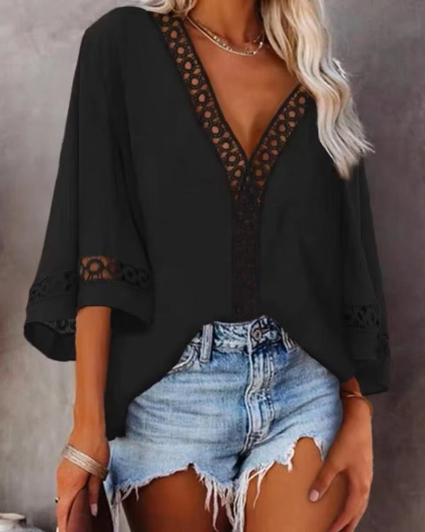 Women Clothing Shirt V neck Hollow Out Cutout Lace Shirt