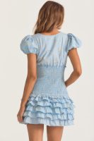 Women Clothing French Hem Multi Layer Stitching Puff Sleeve V neck Short Sleeve Dress
