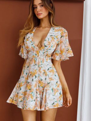 Women V Neck Printed Lotus Sleeve Dress Belt