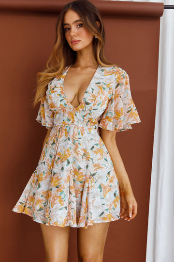 Women V Neck Printed Lotus Sleeve Dress Belt