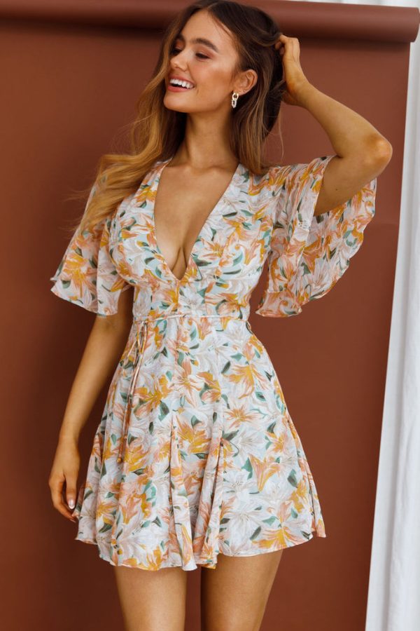 Women V Neck Printed Lotus Sleeve Dress Belt