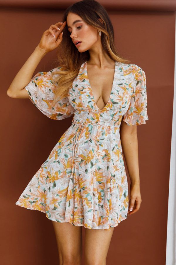 Women V Neck Printed Lotus Sleeve Dress Belt