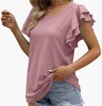 Women Double Layer Ruffles Hollow Out Cutout Out Long Short Sleeve Ladies Casual T Shirt