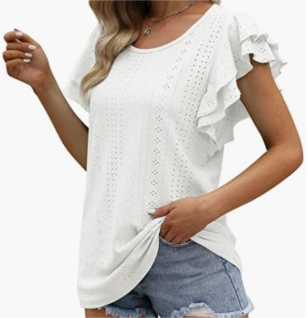 Women Double Layer Ruffles Hollow Out Cutout Out Long Short Sleeve Ladies Casual T Shirt
