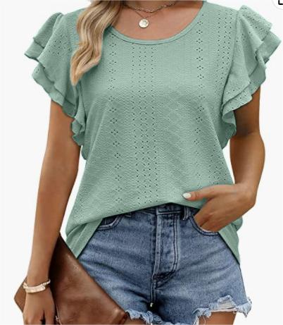 Women Double Layer Ruffles Hollow Out Cutout Out Long Short Sleeve Ladies Casual T Shirt