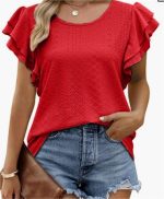 Women Double Layer Ruffles Hollow Out Cutout Out Long Short Sleeve Ladies Casual T Shirt