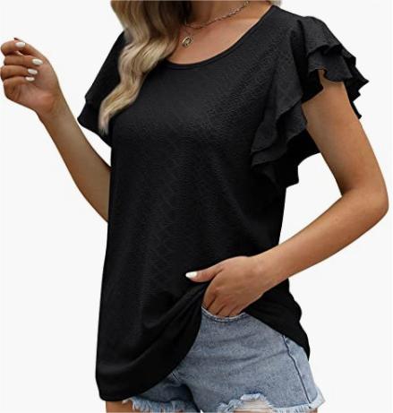 Women Double Layer Ruffles Hollow Out Cutout Out Long Short Sleeve Ladies Casual T Shirt