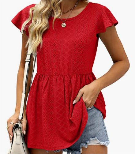 Women Clothing Summer Women T Shirt Hollow Out Waist Ruffle Sleeve Casual Top