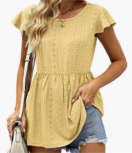 Women Clothing Summer Women T Shirt Hollow Out Waist Ruffle Sleeve Casual Top