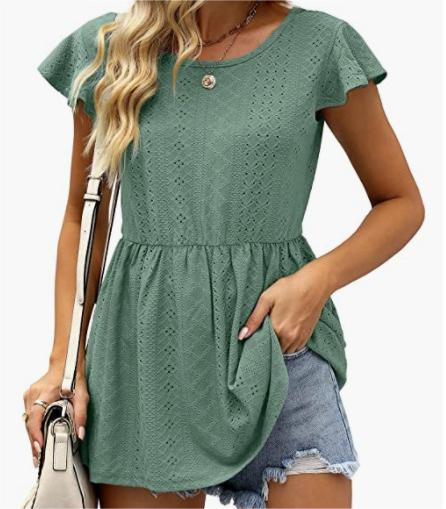 Women Clothing Summer Women T Shirt Hollow Out Waist Ruffle Sleeve Casual Top