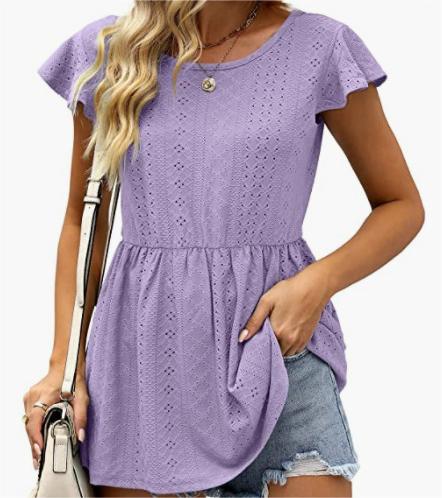 Women Clothing Summer Women T Shirt Hollow Out Waist Ruffle Sleeve Casual Top