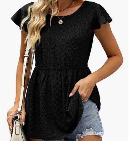 Women Clothing Summer Women T Shirt Hollow Out Waist Ruffle Sleeve Casual Top