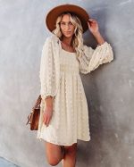 Square Collar Chiffon Polka Dots Short  Lantern Sleeve Dress