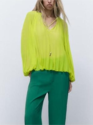 Summer Pleated Blouse Long Sleeve Shirt Top Women