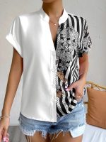 Spring Summer Women Double Striped Contrast Color Floral Button Cardigan Short Sleeve Shirt Women