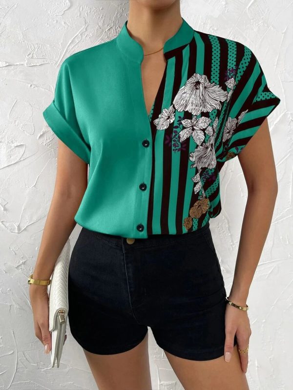 Spring Summer Women Double Striped Contrast Color Floral Button Cardigan Short Sleeve Shirt Women