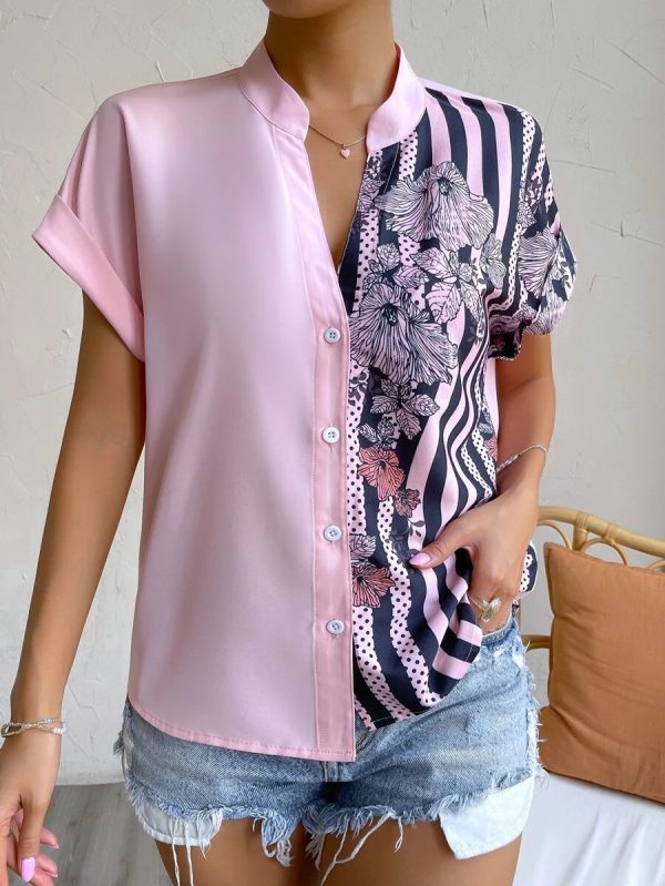 Spring Summer Women Double Striped Contrast Color Floral Button Cardigan Short Sleeve Shirt Women