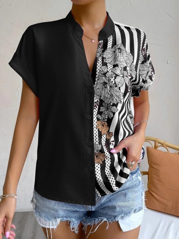 Spring Summer Women Double Striped Contrast Color Floral Button Cardigan Short Sleeve Shirt Women