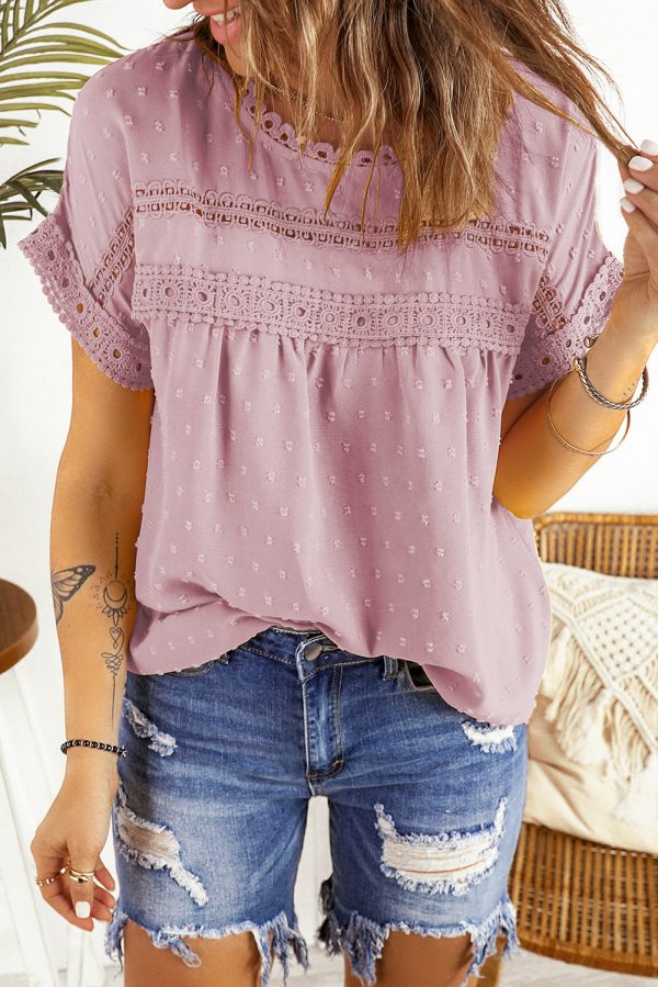 Apricot Swiss Dot Lace Splicing Short Sleeve Top