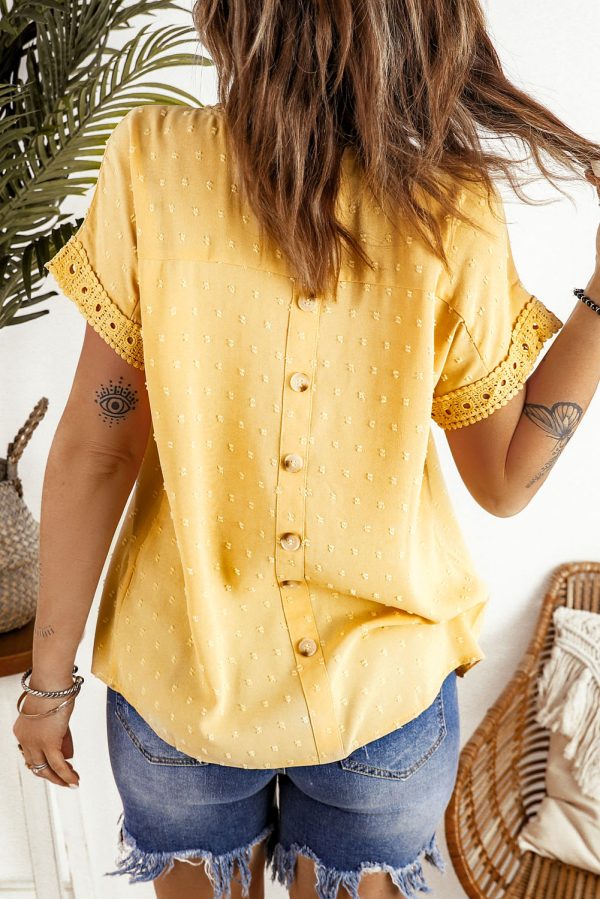 Apricot Swiss Dot Lace Splicing Short Sleeve Top