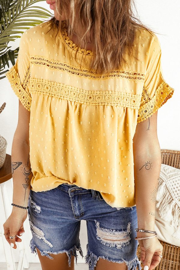 Apricot Swiss Dot Lace Splicing Short Sleeve Top