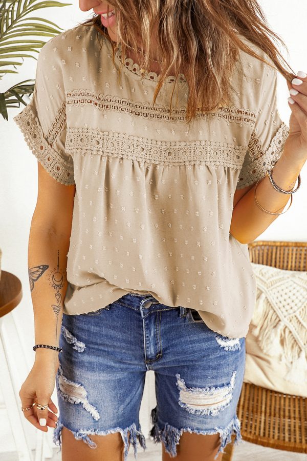 Apricot Swiss Dot Lace Splicing Short Sleeve Top