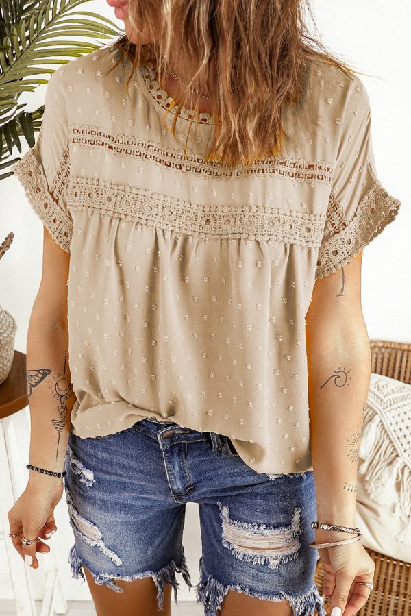 Apricot Swiss Dot Lace Splicing Short Sleeve Top